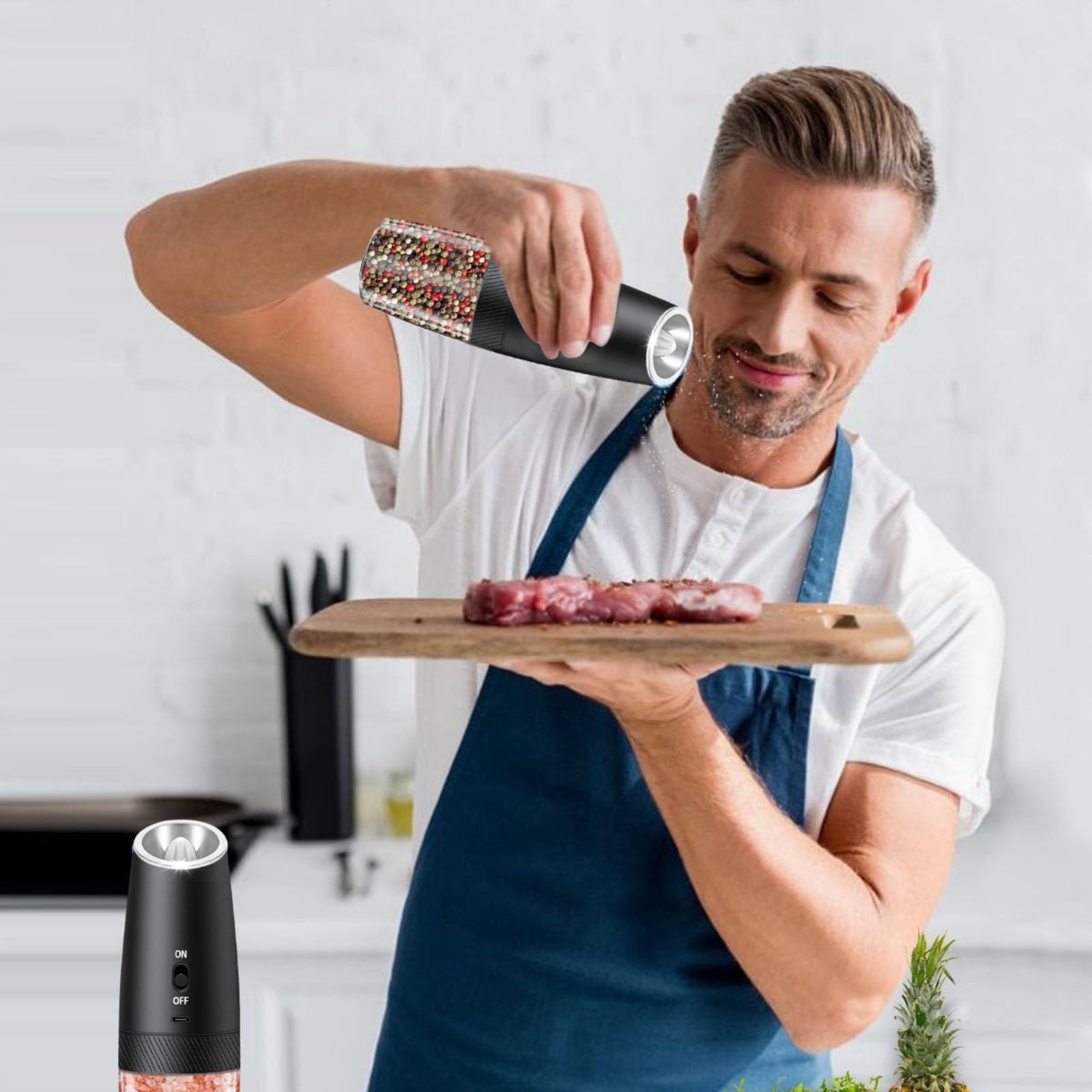 Gravity Electric Salt and Pepper Grinder Set, Adjustable Coarseness, No Batteries Needed, LED Light, One-Hand Automatic Operation, Black - Perfect Holiday Gift for New Year’s Festivities