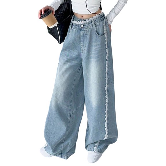 PLHWHYQ Girls Baggy Wide Leg Jeans Elastic Waist Denim Pants | Y2K High Waisted Straight Leg Jeans,Denim Pants Blue 13-14 Years