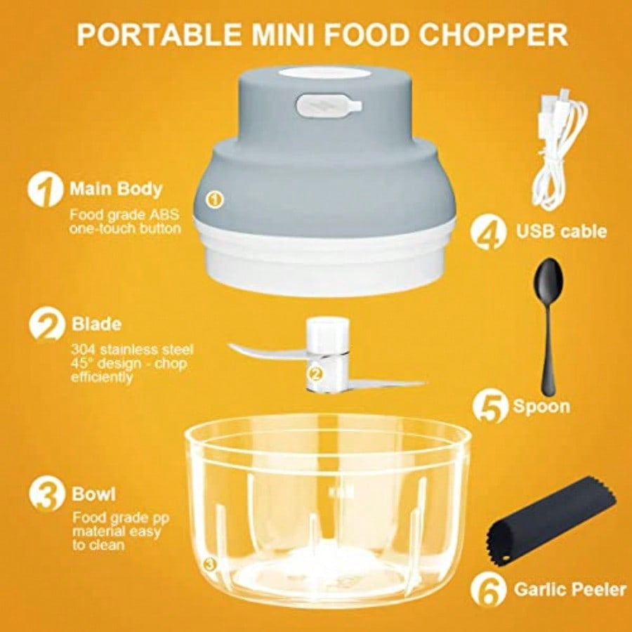 Electric Garlic Chopper Mini Electric Garlic Masher Crusher Food Processor Small with Garlic Peeler And Spoon 100ML Gray