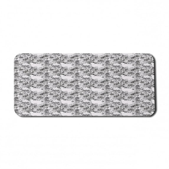 Floral Computer Mouse Pad, Botanical Theme Hand Drawn Like Illustration Blossoms Sketch Natural Art, Rectangle Non-Slip Rubber Mousepad X-Large, 35" x 15", Charcoal Grey White, by Ambesonne