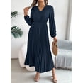 thumbnail image 5 of Womens Flowy Long Sleeve Dress Elegant Plain Color Stand Collar Belted Pleated Dress With Hem, 5 of 5