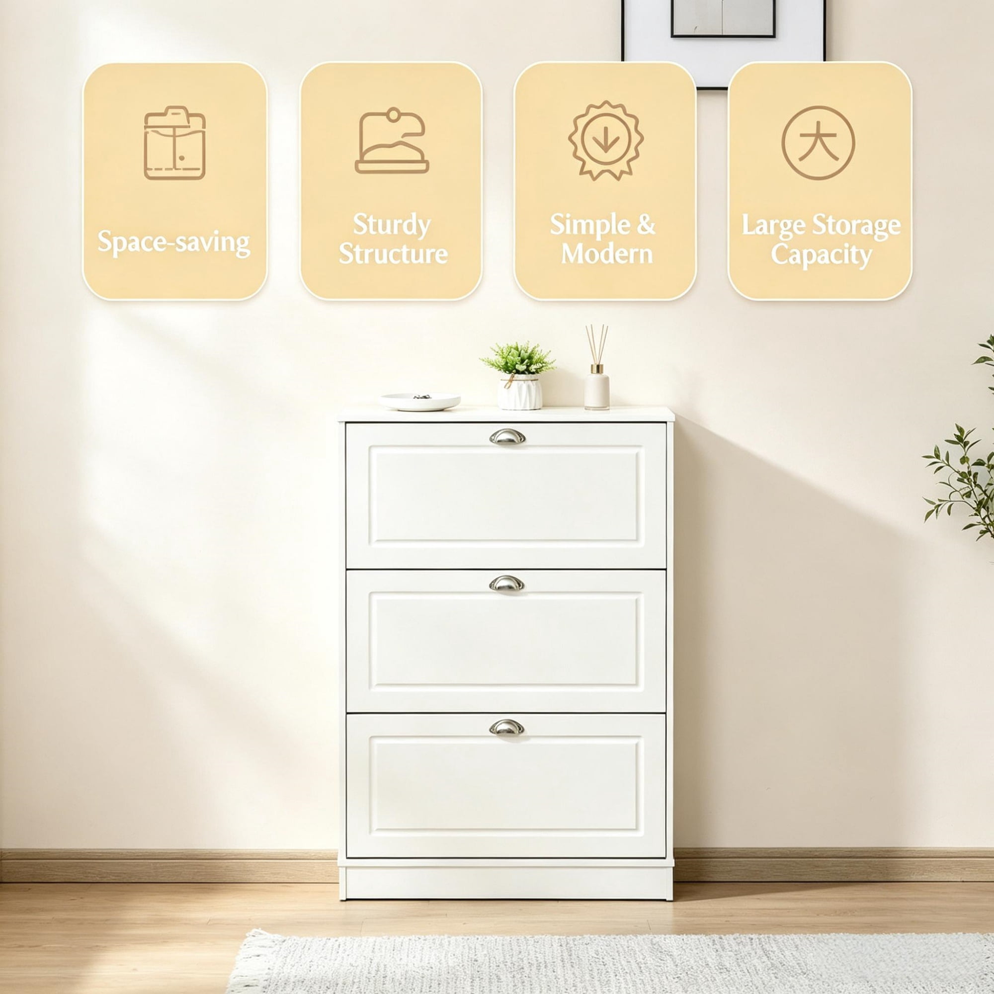 3-Flip-Drawer Narrow Shoe Cabinet, 12-Pair Capacity, for Entryway Hallway, White