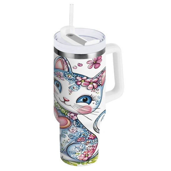 Ryvnso 40 oz Tumbler with Handle and Straw Insulated Stainless Steel Travel Mug with Lid Beautiful Cats