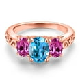 thumbnail image 3 of Gem Stone King 18K Rose Gold Plated Silver Swiss Blue Topaz and Pink Created Sapphire Filigree Style 3 Stone Ring for Women (2.50 Cttw, Oval 8X6MM and 6X4MM) (Size 6), 3 of 6