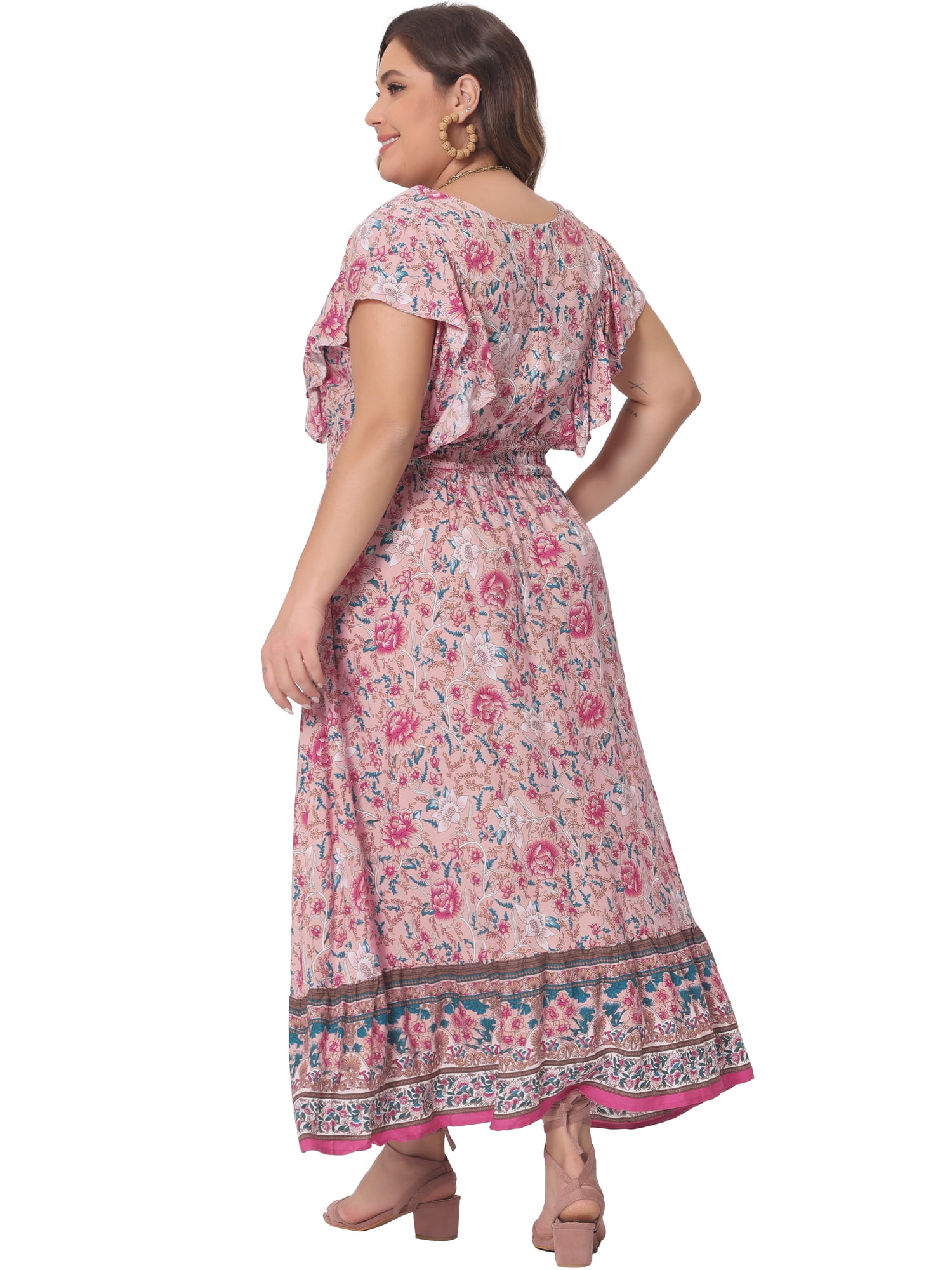 DARING DIVA Women's Plus Size Floral Ruffle Sleeve Beach Boho Maxi Dress 1X Pink