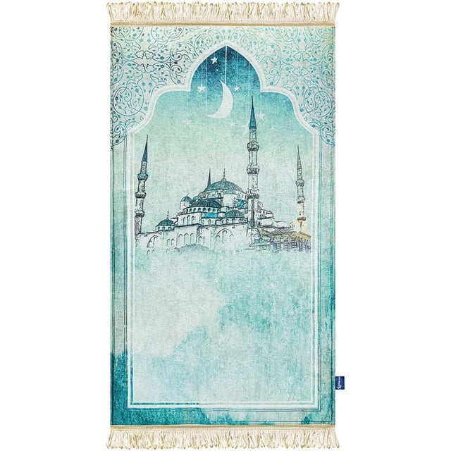 East West Souk Original Prayer Mat – Soft & Comfortable Islamic Prayer Rug (Light Green Mosqu)