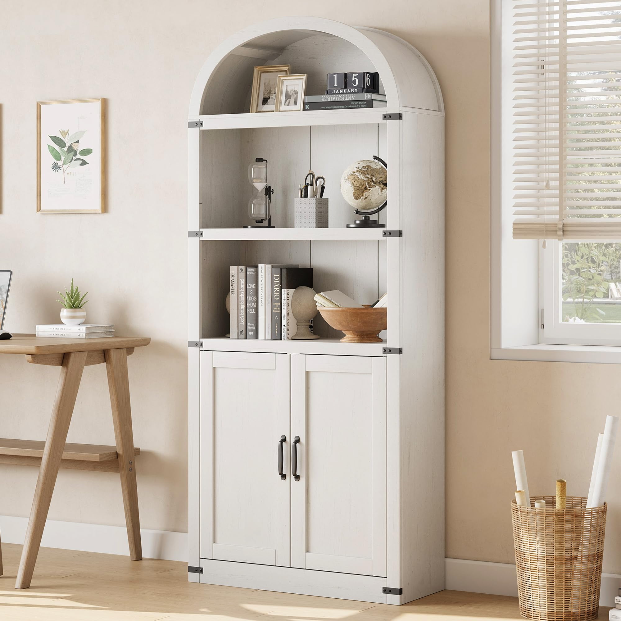 TROPOW Bookcase with Doors Arched Bookshelf 71.65in Tall Bookcase Farmhouse Cabinet with Shelves Wooden Bookshelves for Home Office, Living Room,White