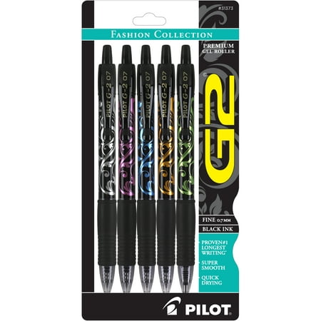 Pilot G2 Fashion Retractable Gel Ink Rolling Ball Pens, Fine Point, Assorted Barrels, Black Ink, 5 Count