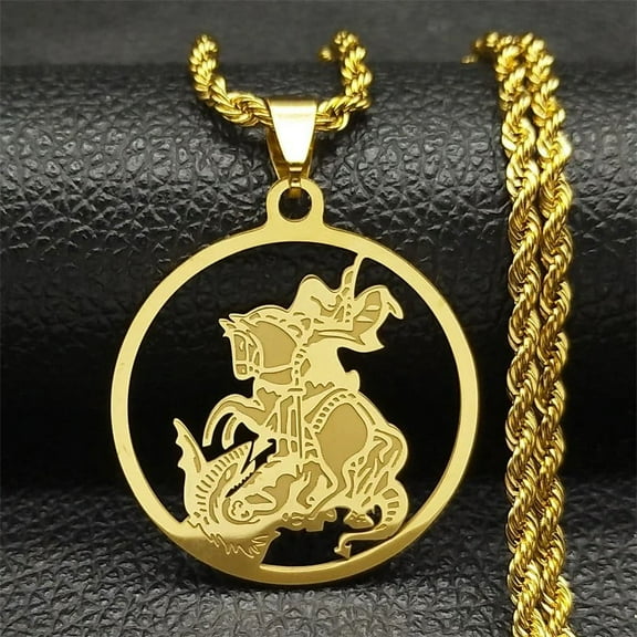 Punk SAINT MICHAEL Hollow Pendant Necklace Women St. Michael Archangel Round 14K Yellow Gold Necklaces Religious Jewelry