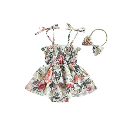 

Newborn Baby Girl Smocked Romper Dress Floral Print Sleeveless Sling Ruched Jumpsuit Bodysuit Vintage Summer Clothes