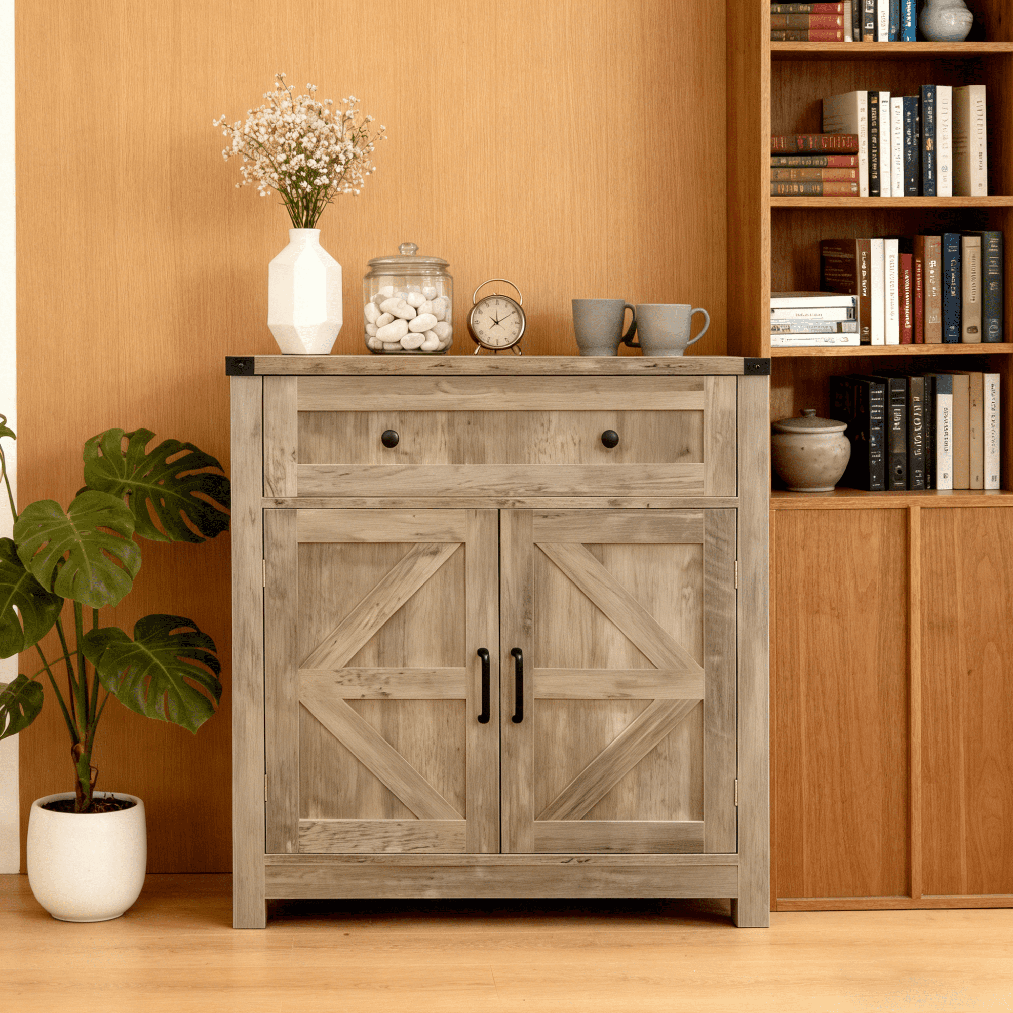 Leumius Washed Wood Farmhouse Barn-Door Storage Cabinet, Coffee Bar Buffet Sideboard with Drawer for Kitchen & Living Room Gray