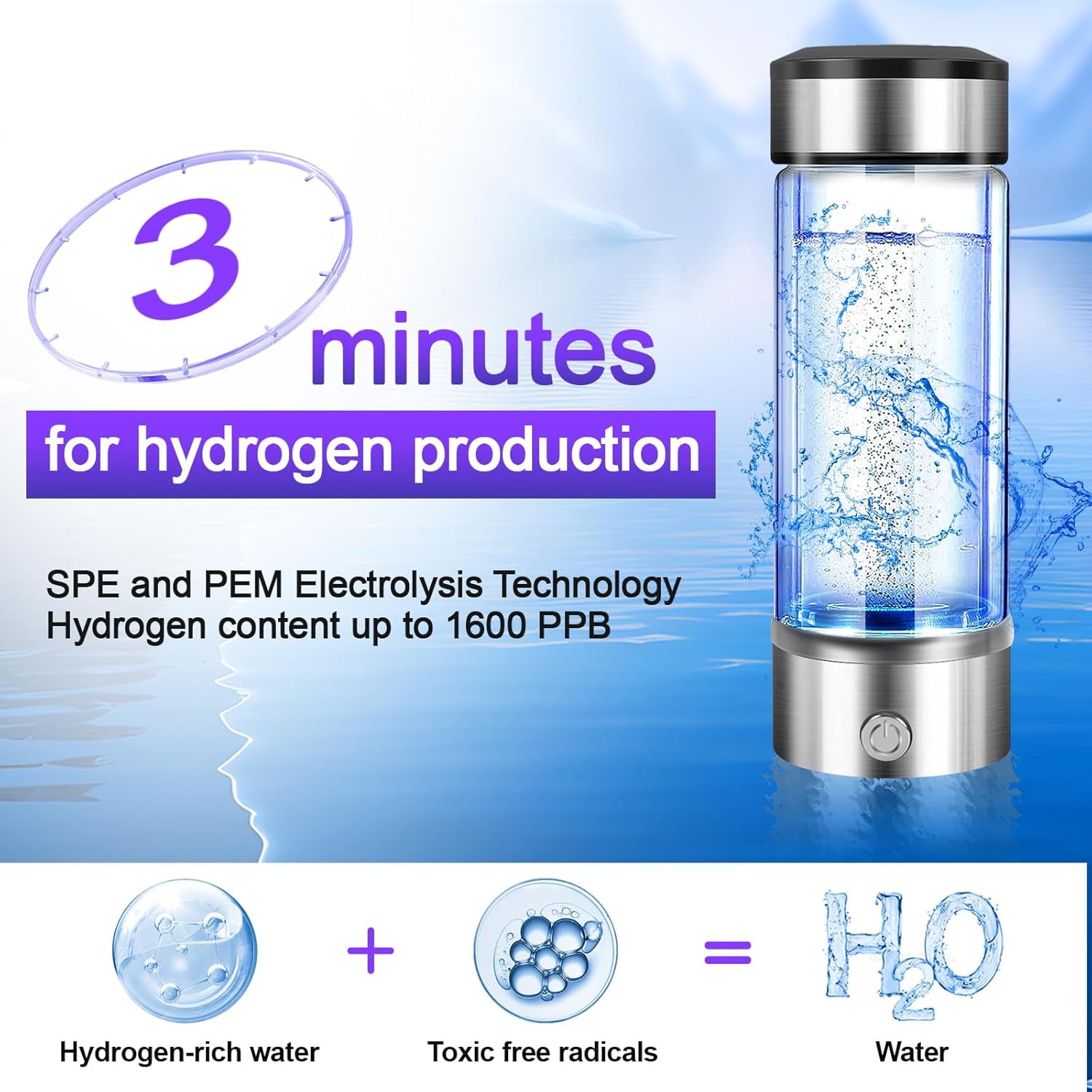 Qoosea Hydrogen Water Bottle Generator, 3 Mins Portable SPE/PEM Technology, Hydrogen Water Ionizer Machine, Suitable for Travel Exercise Home Gifts for Men