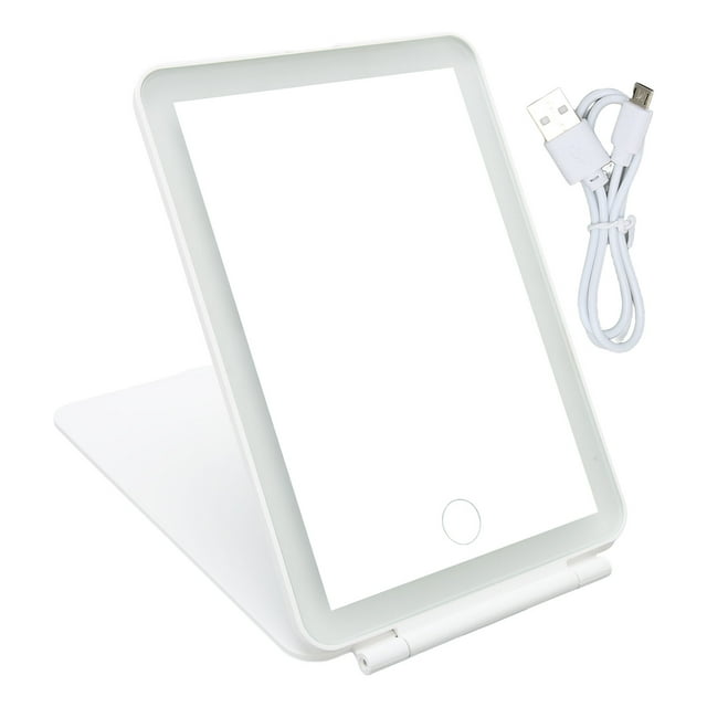 Espejo de tocador de viaje recargable con LED, plegable, portátil, iluminado, con pantalla táctil regulable.