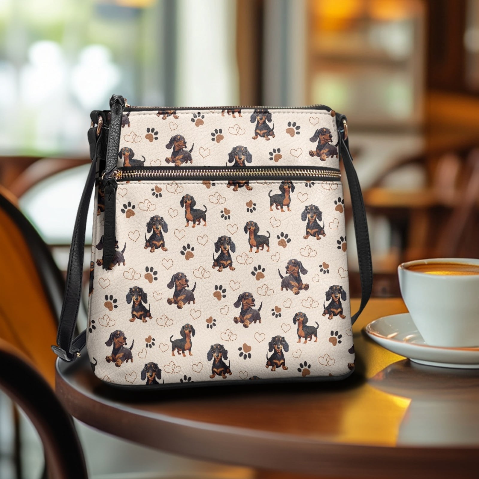 LedBack Dachshund Print Crossbody Satchel Bag for Women Lady, Heart Print Leather Hobo Bag with Adjustable Strap Sling Shoulder Handbag Soft Messenger Bag for Travel Shopping, Beige