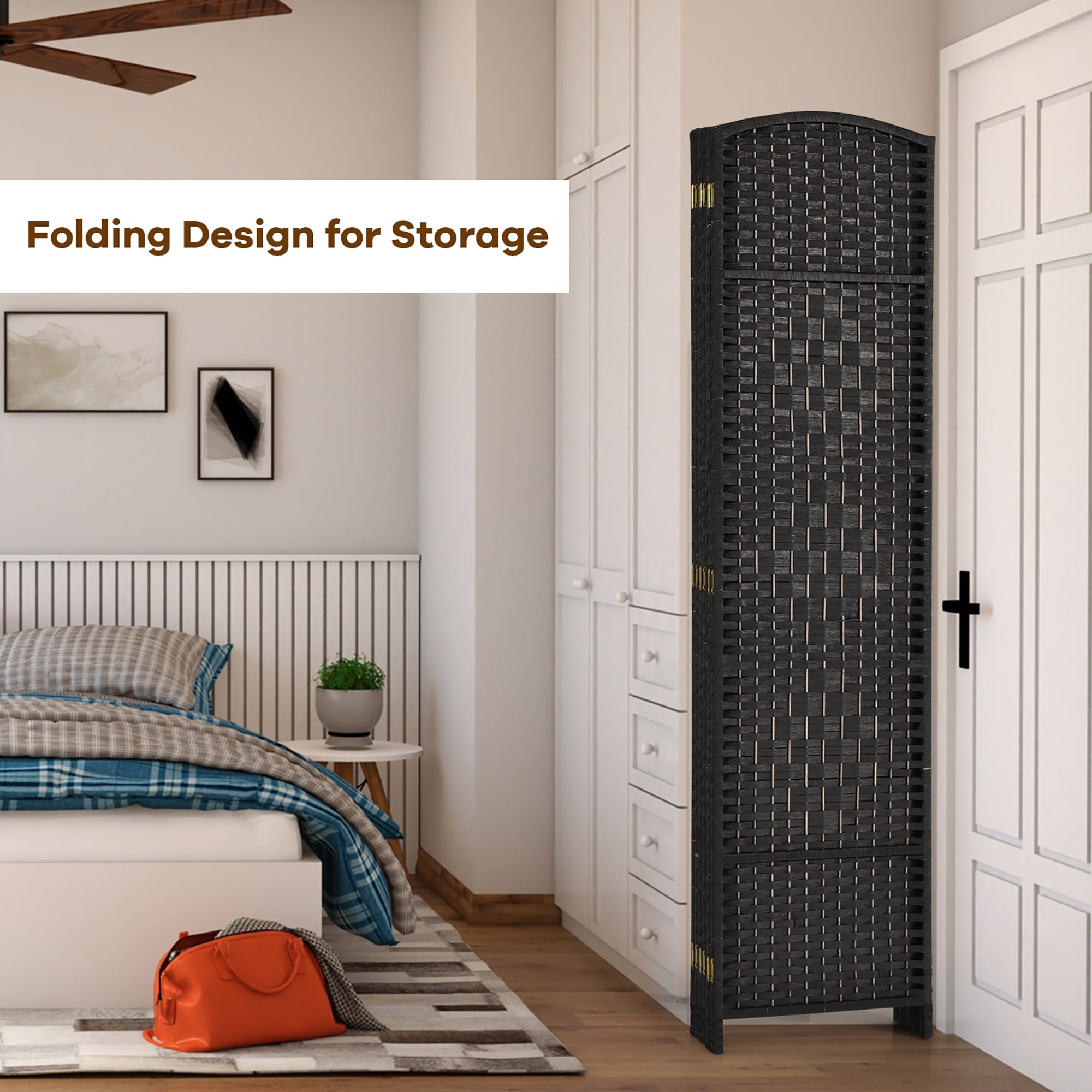 Costway 6-Panel Room Divider 6Ft Weave Fiber Folding Privacy Screen Black