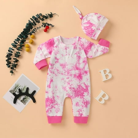 

Leutsin Baby Girls Boys Romper Long Sleeve Tie-dyed Jumpsuits Clothes Overalls With Hat