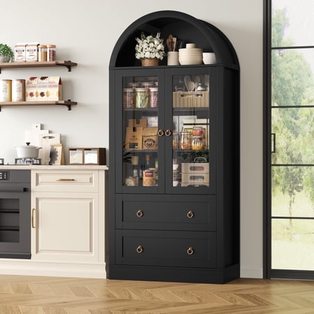 Hiphuta 70" Tall Arched Cabinet with Glass Doors, China Hutch Cabinet with 2 Large Drawers, Arched Kitchen Pantry Storage Cabinet for Kitchen Dining Room, Black