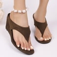thumbnail image 2 of Women's Low Wedge Sandals Trendy Dressy Square Open Toe Summer Beach Flip Flops Thong Heeled Sandals Brown Size 7, 2 of 6