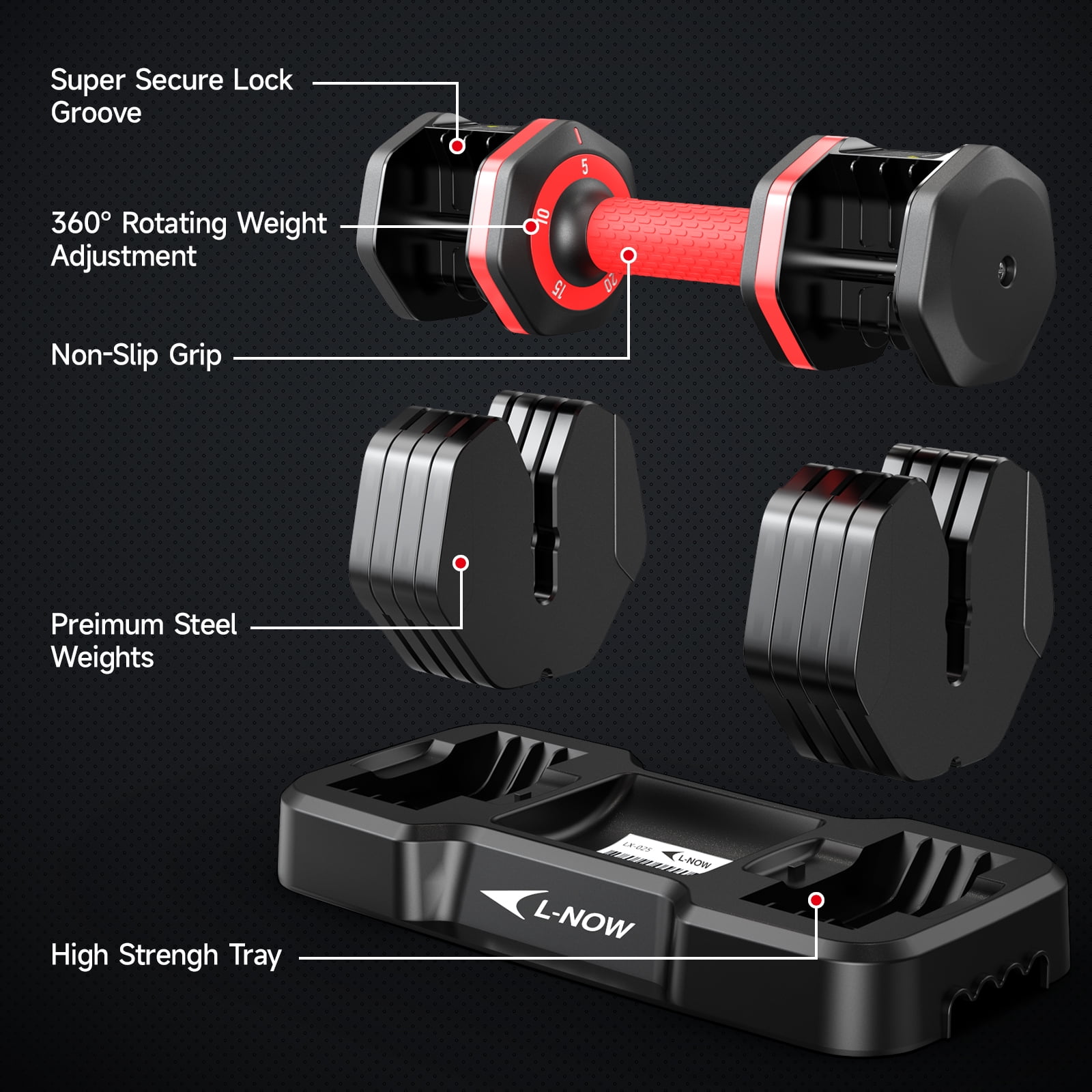 LNOW 25lbs (1 Pair) Quick Select Adjustable Dumbbells for Homm 5 in 1 Free Weights 5/10/15/20/25lb/50lb Dumbbell with Anti-Slip HanSuitable for Home Gym Exercise Equipment