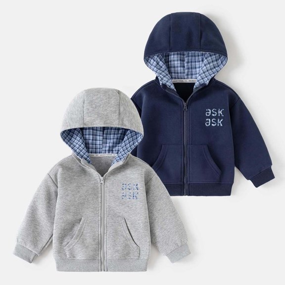 akafmk Boys Zip Up Hoodie Sweatshirt Long Sleeve Casual Jacket with Checkered Hood Lining and Front Pocket School Outerwear Fall Clothes, Size 4-5 Years