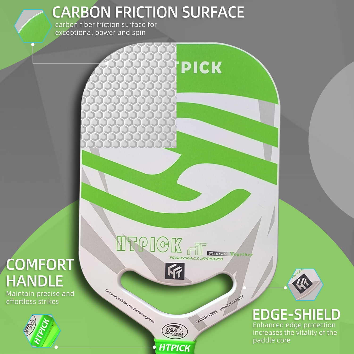 HTPICK Thermoformed Pickleball Paddle - T700 Carbon Fiber Surface, 16mm Honeycomb Core, Green, USAPA Approved