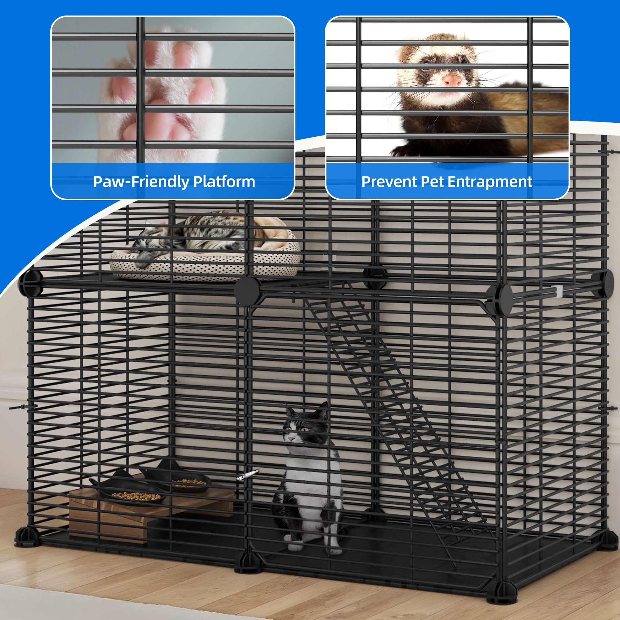 Uforic 2 Tier Indoor Cat Cage,28" Cat Enclosure DIY Cat Playpen for 1-2 Cats,28"L x 14"W x 28"H,Black