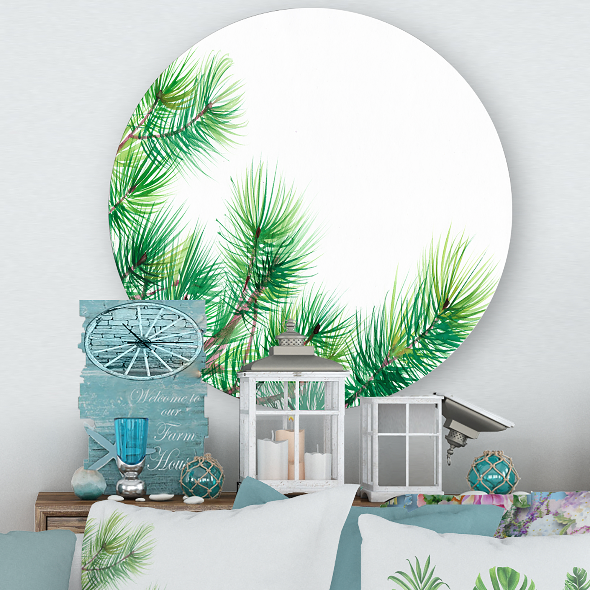 Designart 'Close Up Pine Tree Branches' Traditional Circle Metal Wall Art 23x23 - Disc of 23