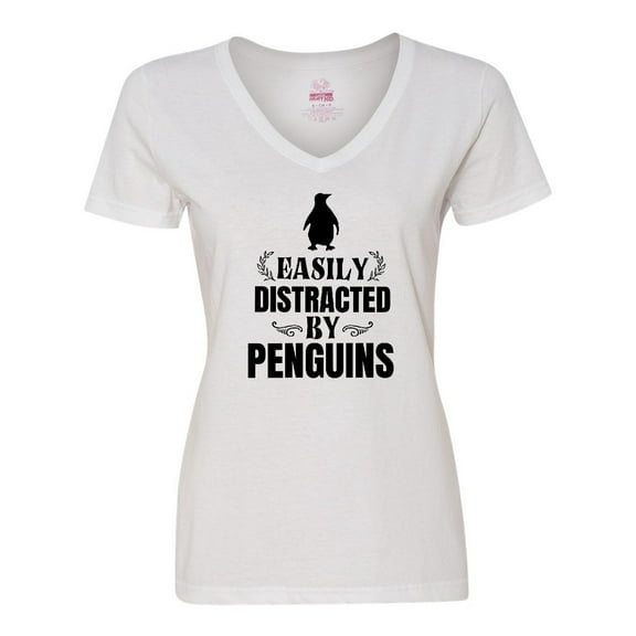 Inktastic Easily Distracted by Penguins Women's V-Neck T-Shirt