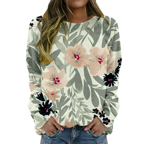 Skpblutn Plus Size Oversized Sweatshirt for Women Tops Crewneck Pullover Floral Print Blouses Winter Fall Long Sleeve Round Neckline Casual Sweatshirts