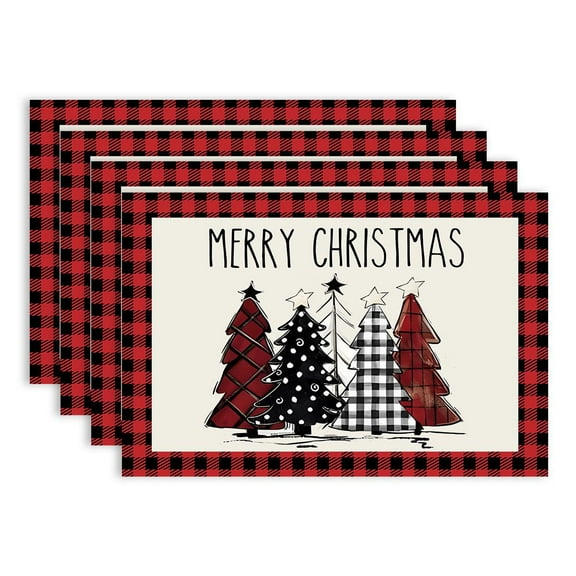 Red and Black Buffalo Plaid Christmas Trees Placemats Set of 4, 12x18 Inch Winter Table Mats for Outdoor Home Party Kitchen Dining Decor