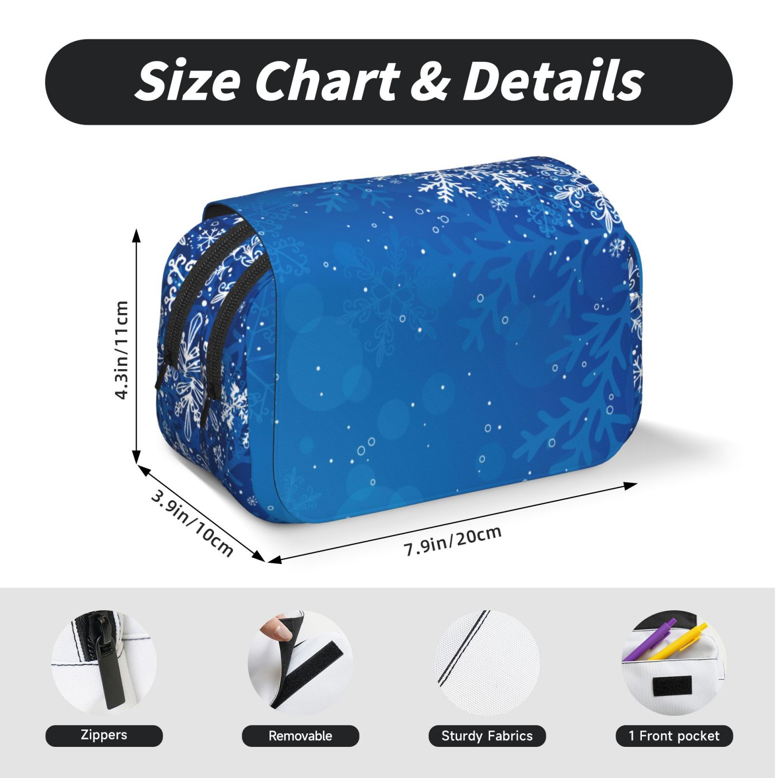 Rateoe Blue Christmas With Snowflakes Pattern Double Clamshell Pen Case, Storage Organizer with Two Zipper Compartments– Holds Up to 50 Pencils & Pens