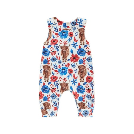 

Amuver Baby Girls Summer Casual Romper Sleeveless O Neck Floral Cow Print Loose Jumpsuit