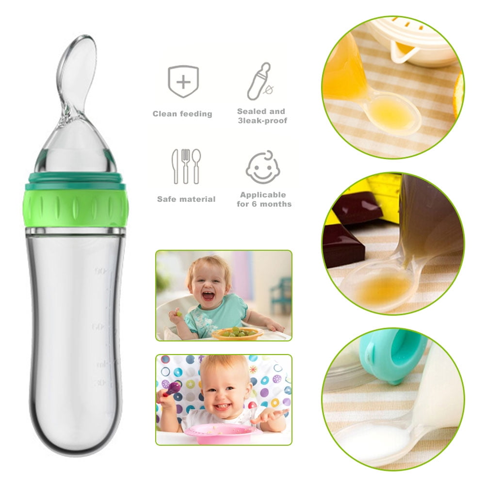 Baby Silicone Feeding Bottle Spoon Baby Food Supplement Feeder with Scale  for Infant 4 Months up Dispensing and Squeeze Feeders,Anti-leakage  (Pink,3oz) 