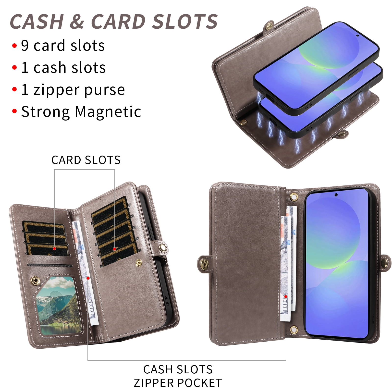 Asuwish Phone Case for Samsung Galaxy A56 5G Zipper Wallet Detachable Cell Cover with Tempered Glass Screen Protector Crossbody Lanyard Strap Flower Flip Card Holder A 56 56A LTE Women Men Girls Gray