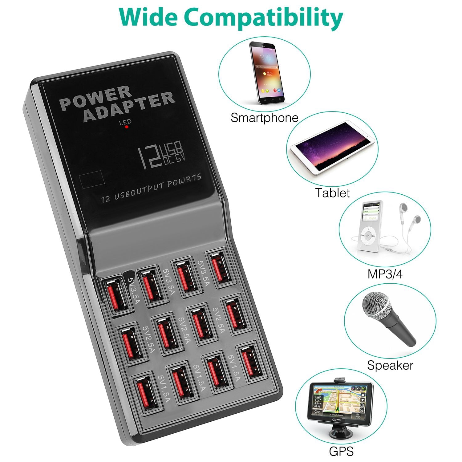 12-Port USB Charging Station 60W - Fast 3.5A Per Port Desktop Hub with Smart IC, Overload Protection for iPhone/iPad/Camera - Compact 6.7" Family Power Strip