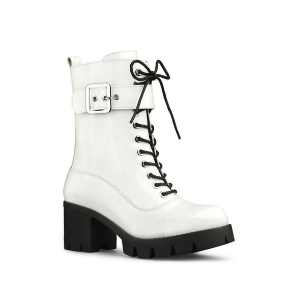 BLISSFUL STEP Valentine's Women's Chunky Heel Zip Platform Block Combat Boots White 7