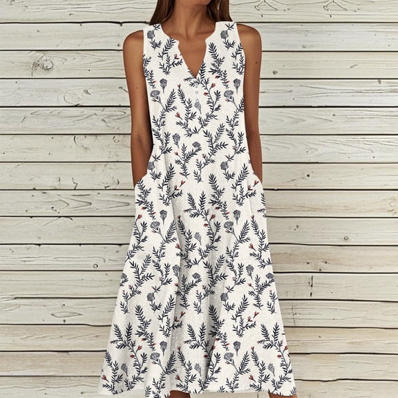 Puyaiuu Women's V Neck Sleeveless Printed Maxi Dress, Flowy Camisole Summer Beach Casual Sundress, Soft Stretch Lightweight Vacation Cover Up, Breezy Relaxed Fit Spring Party Gift