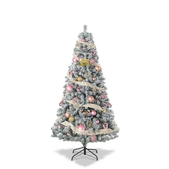 Dimedeal 4.5 FT Green Artificial Christmas Tree, Snow Flocked Xmas Tree with 400 Branch Tips, Metal Hinges & Foldable Base