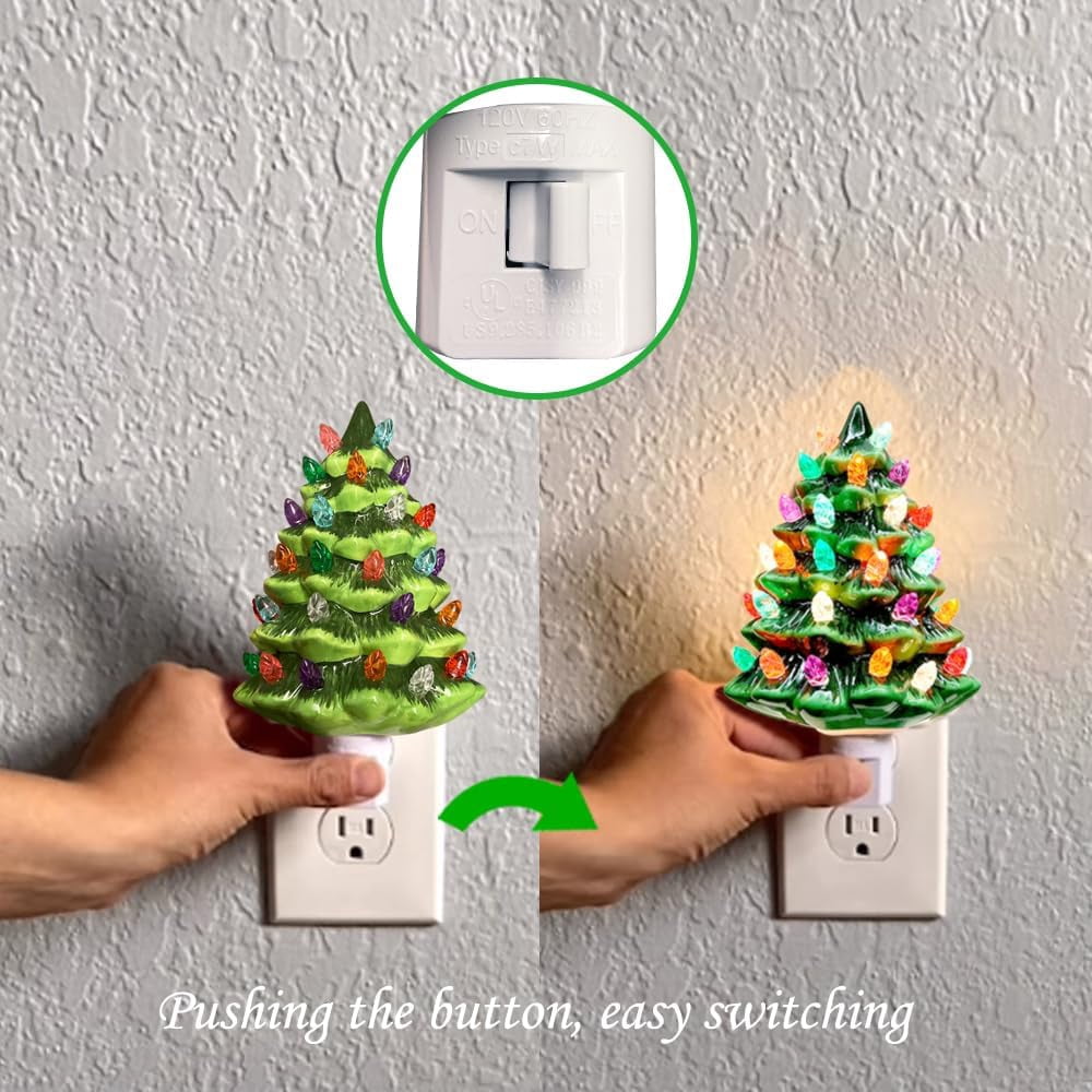 Ceramic Christmas Tree Night Light, Vintage Green Christmas Tree Wall Plug in Night Light, Hand Painted eramic Hallway Nightlight for Christmas, Home Décor