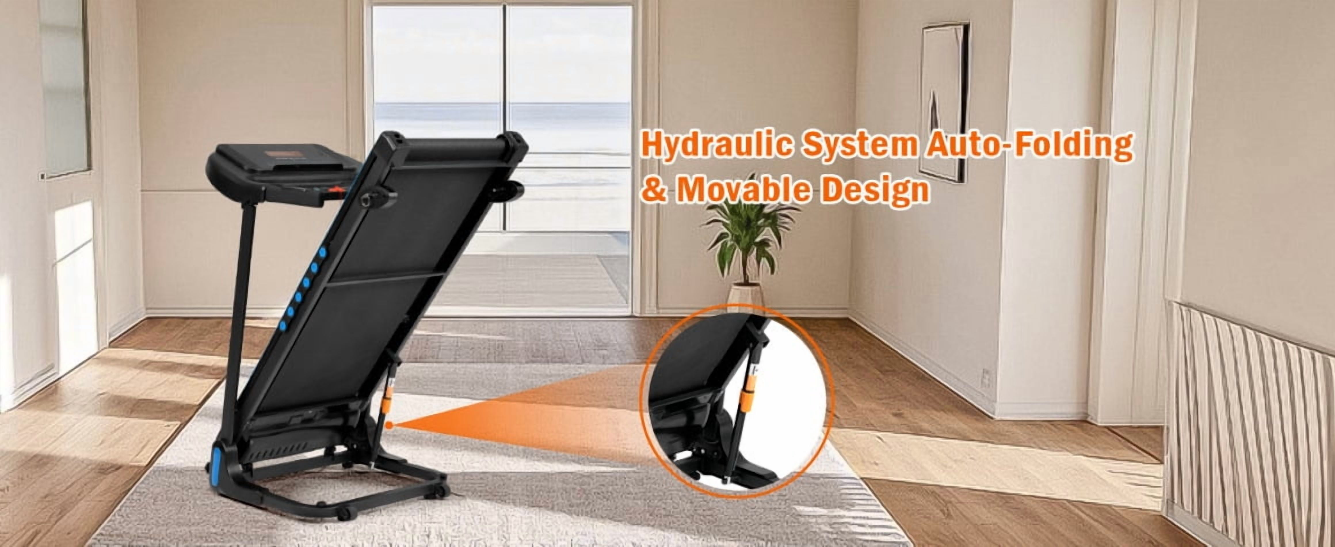 Quiet Home Incline Treadmill 3.0HP Motor 350LB Capacity 10MPH Speed 4 Adjustable Inclines Hydraulic Fold Type-C/USB Ports Bluetooth Speaker for Space-Saving Workouts