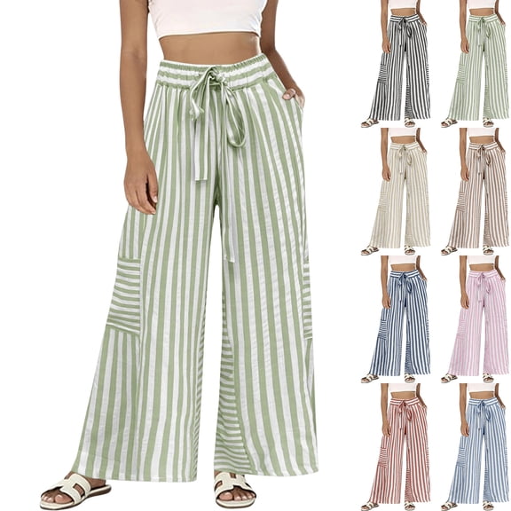 Womens Summer Casual Striped Pants Loose Wide Leg Lounge Pants Elastic Waist Palazzo Trousers with Pockets(Green,XL)