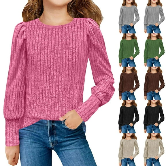 lkfuzj Girls Long Sleeve Shirts Casual Crewneck Blouses for Girls Solid Color Loose Fit Tunic Pullover Spring Knit Tops Kids for 5-14 Years - Beige