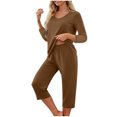 thumbnail image 7 of MGDXOX Pajama Set for Women 3/4 Sleeve V Neck Top with Capri Pants Pjs 2 Piece Loungewear Solid Color Soft Fall Sleepwear Brown S, 7 of 7