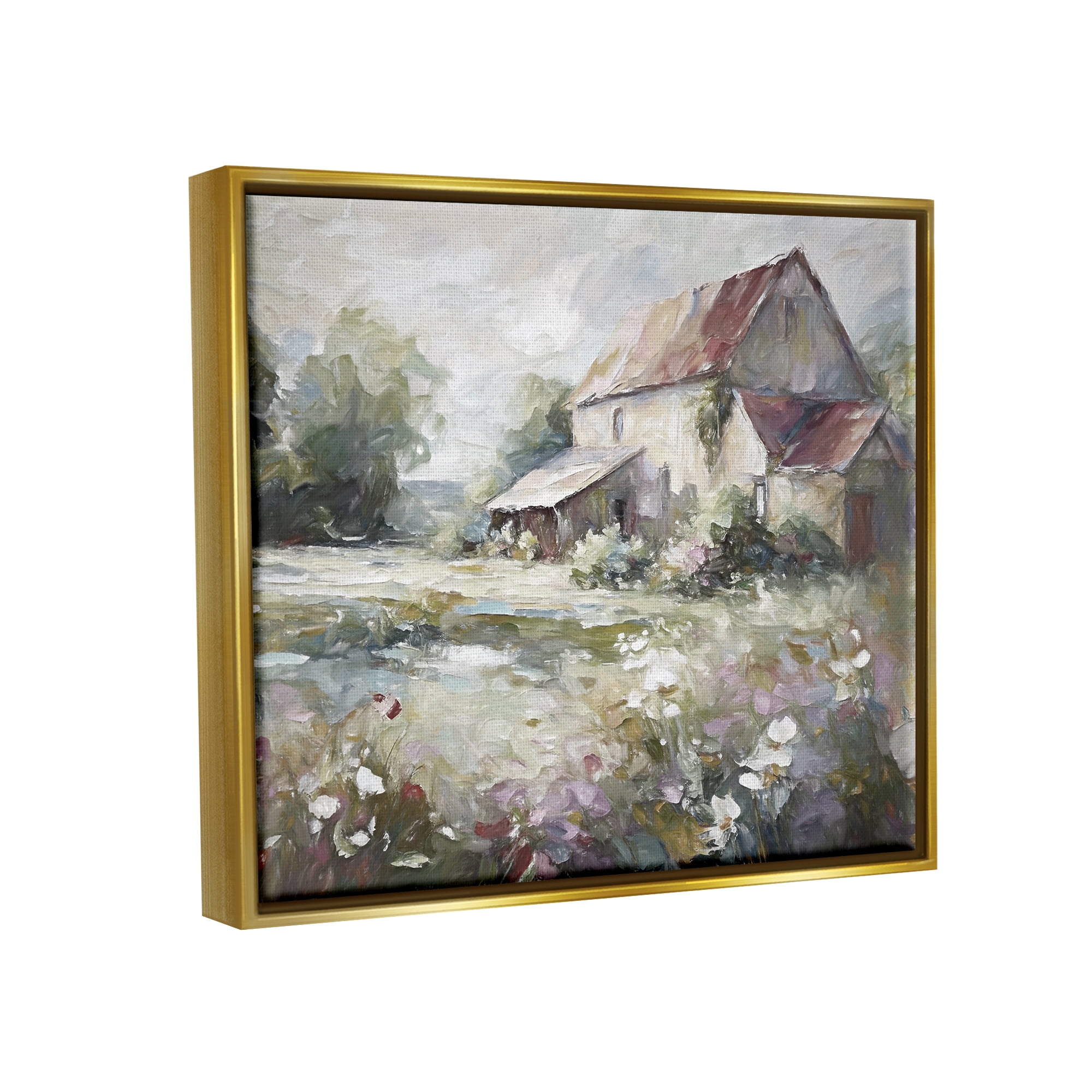 Stupell Industries Muted Cottage Meadow Landscape Painting Gold Floater Framed Canvas Art Print Wall Art, 31 x 25