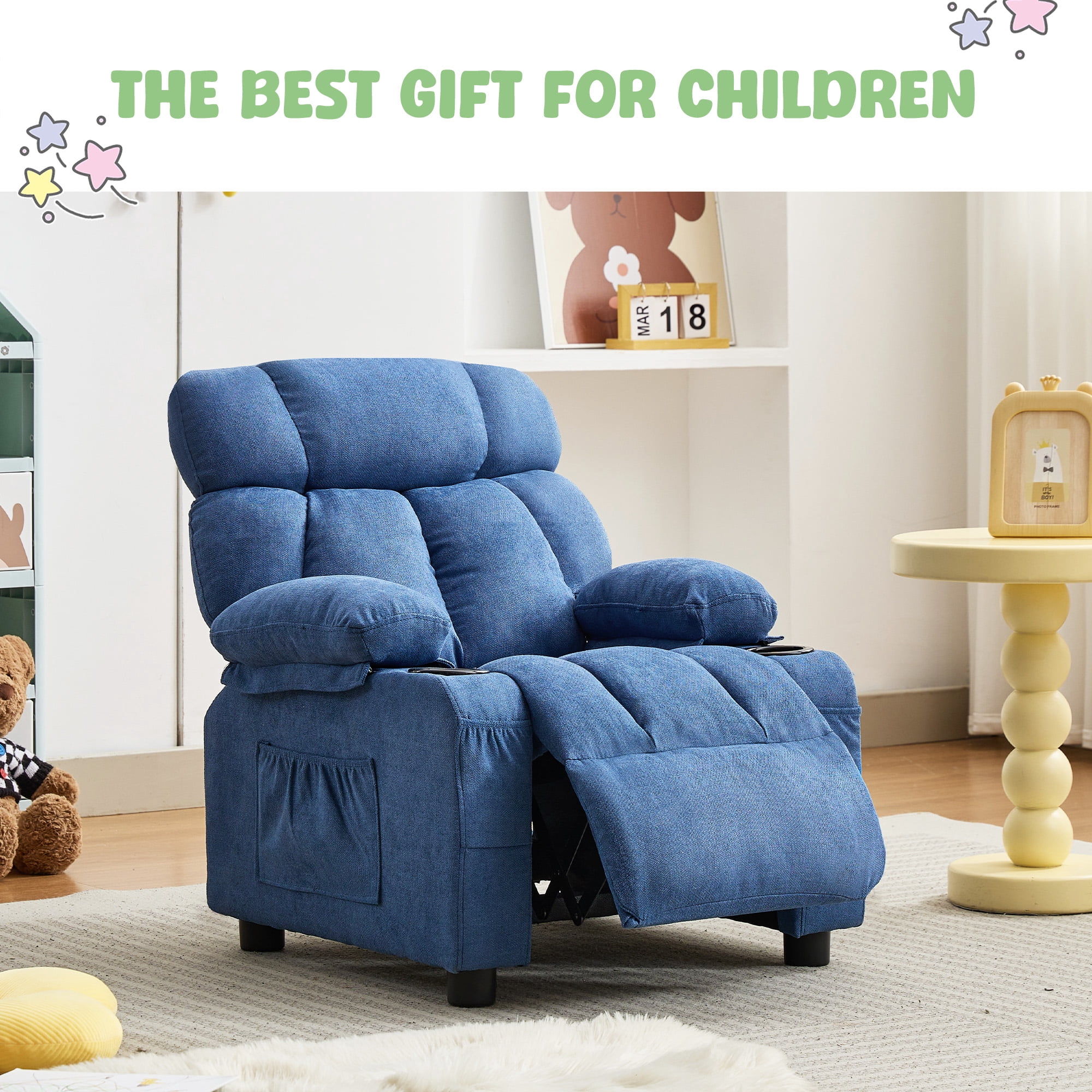 JONPONY Kids Recliner Chair,Push Back Toddler Recliner with Cup Holders & Side Pockets,Adjustable Footrest & Headrest Kids Sofa for Boys Girls 3+ Age Group, Dark Blue