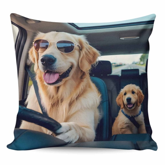 Throw Pillow Covers 24x24 Inch, Summer Funny Decorative Pillow Cases for Couch Sofa Bed, Modern Driving Dog Print Cotton Linen Square Home Decor Pillowcases with Hidden Zipper