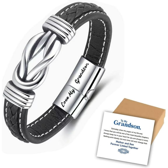 Grandmother and Grandson Forever Linked Together Braided Leather Bracelet, Charm Stackable Black Inspirational Men Wristband Bracelets,Grandson Bracelet from Grandma