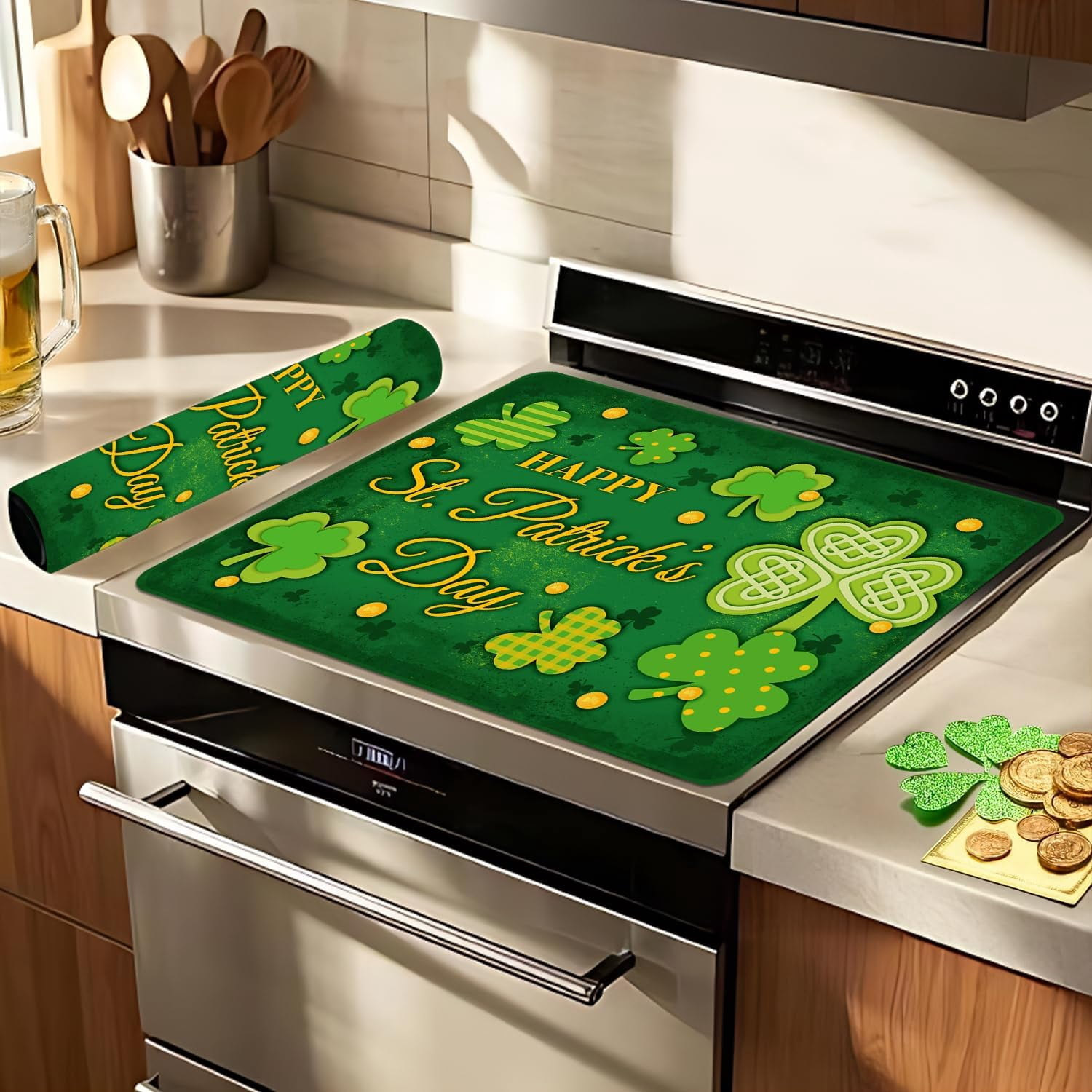 St Patricks Day Stove Cover, 20x28 In Lucky Stove Top Covers For Electric Stove Green Home Decor Glass Stove Top Mat Heat Resist Gas Range Mat Party Stove Top Protector Spring Kitchen Cooktop Pad