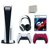 Sony Playstation 5 Disc (PS5 Disc) with Extra Red Controller, Gran Turismo 7 Launch Edition and White PULSE 3D Headset Bundle with Cleaning Cloth