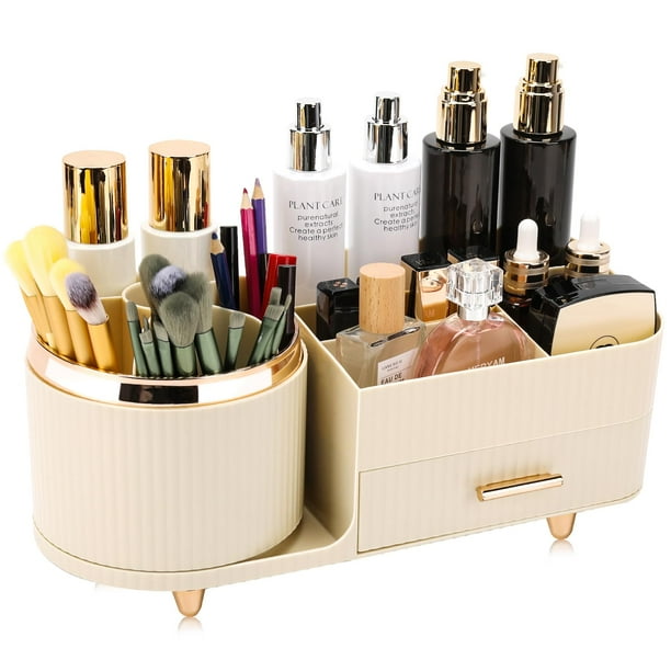 Organizador de maquillaje Beborxue que gira 360° con cajones, color blanco arroz